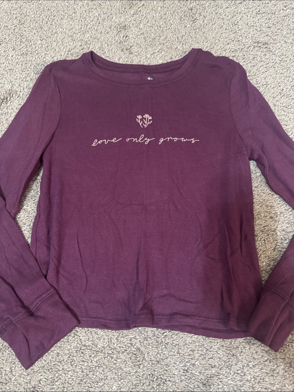 SO Plum Long-Sleeve Tee with "love only grows" Script